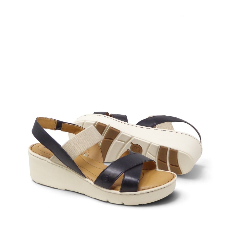NEW Born Womens Gila Sandals Black Leather Beige Elastic Strap Wedge Size 10